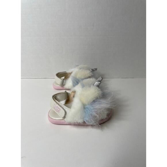 UGG Baby Girls Size 2/3 Rainbow Unicorn Pink Furry Slippers Slip On Shoes - Picture 1 of 7